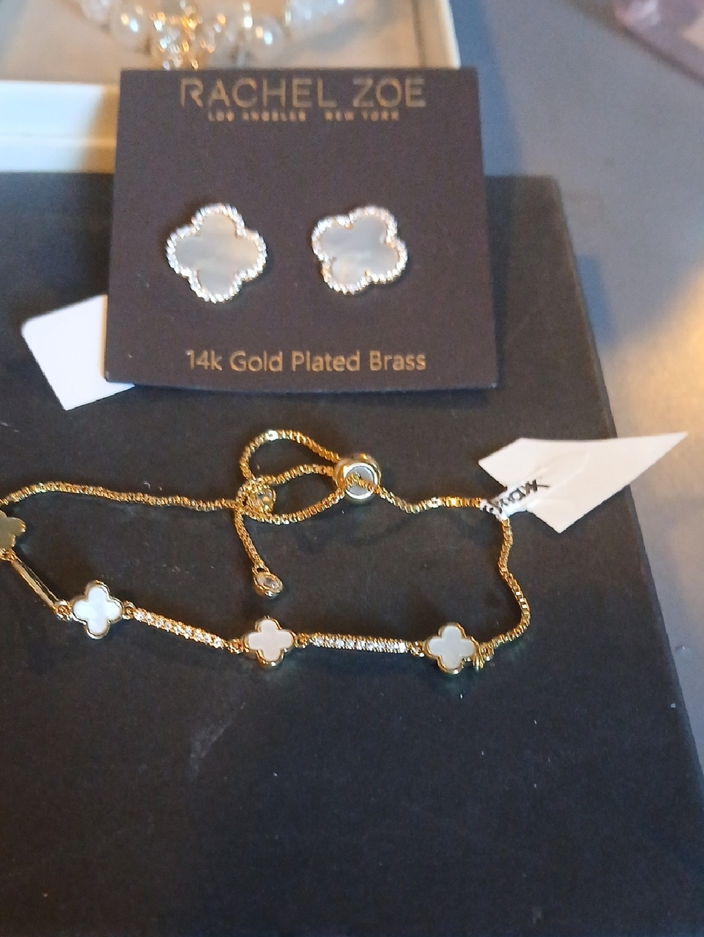 Rachel Zoe Gold Plated Mother-of-Pearl Clover Earrings and a  bracelet NWT